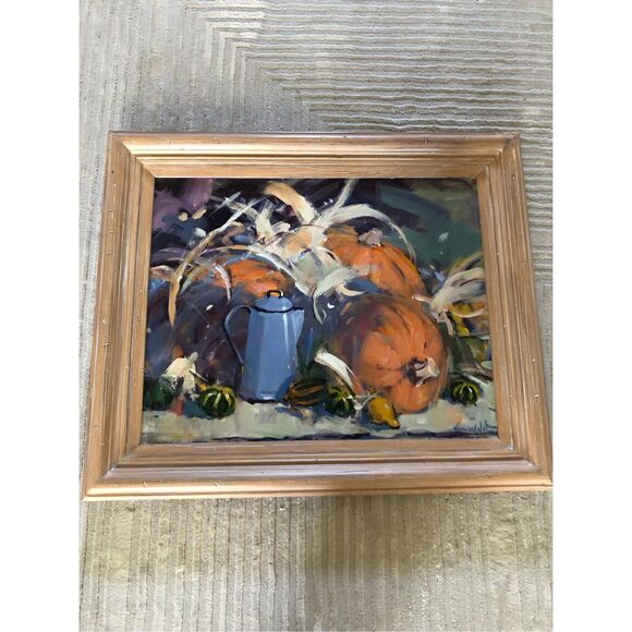 “Autumn Harvest Oil Painting – Signed Van Wall Still Life, Pumpkins & Gourds, - Picture 5 of 10